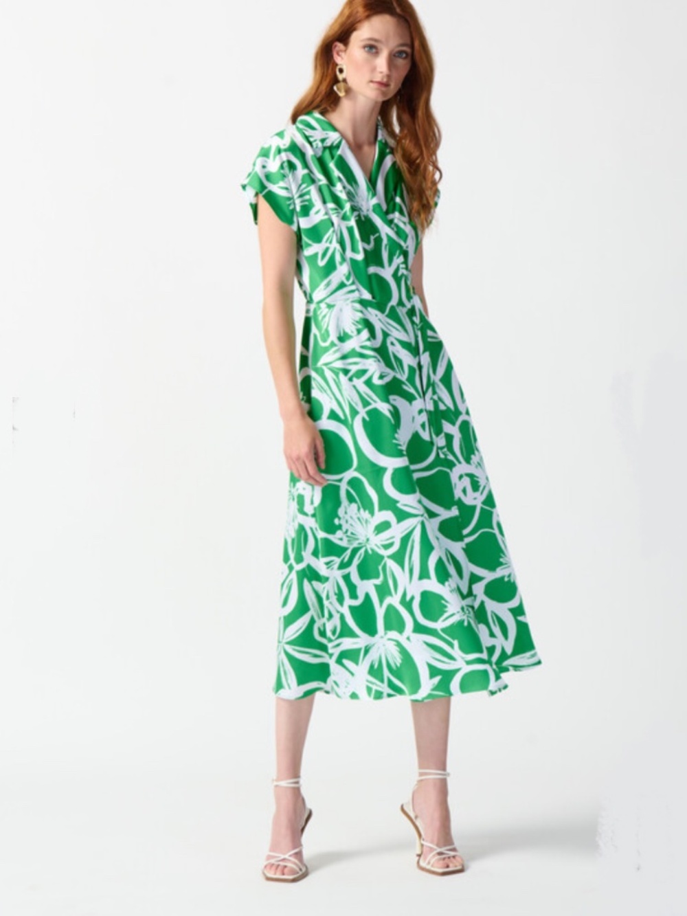 Joseph Ribkoff size 12 wrap midi dress green floral short sleeve collared modest